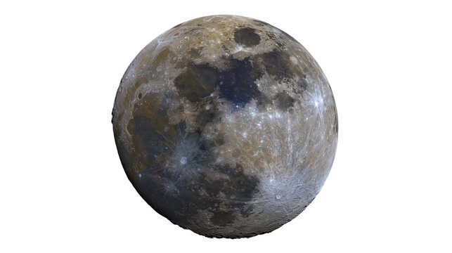 Isolated detailed colorful moon globe showing craters and varied surface textures glowing with light