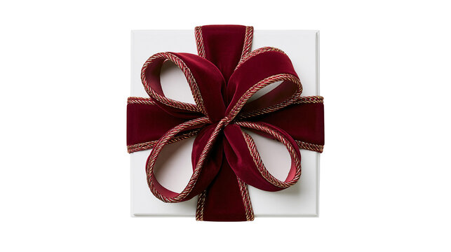 Isolated classic red velvet bow with golden edge detail on a crisp white gift box