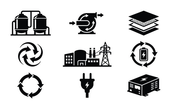 Industrial energy icons set, 9 black vector symbols for power generation, factory infrastructure and renewable electricity systems