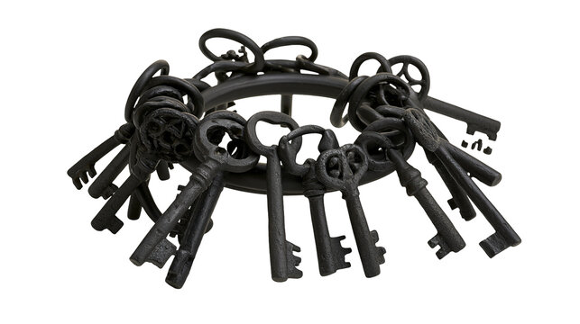 Isolated rustic dark cast iron skeleton keys on an old metal ring, historical vintage artifact