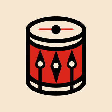 Traditional marching band drum in red and black colors with gold diamond design detail ideal for musical parade and festival icons.