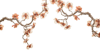 Isolated graceful flowering branch with intricate peach colored petals on a sparse gnarled branch © Lucas