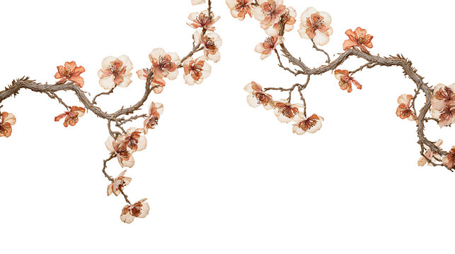 Isolated graceful flowering branch with intricate peach colored petals on a sparse gnarled branch
