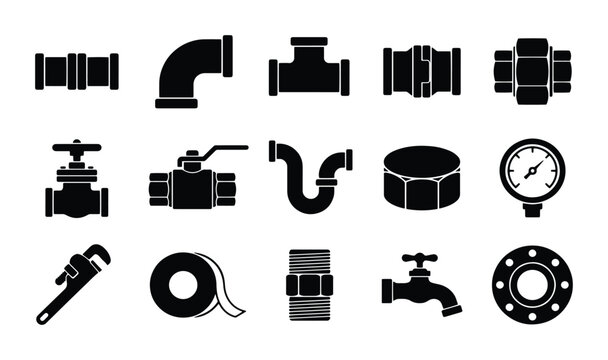Industrial plumbing icons set, 15 black pipe fitting vector symbols, professional water system hardware and valve collection