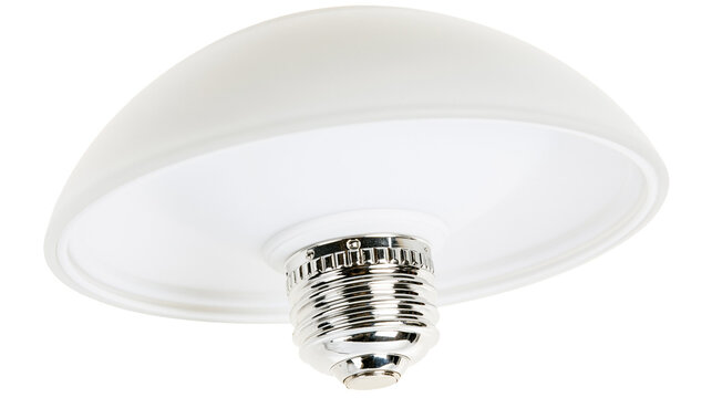 Isolated modern white ceiling lamp shade with shiny silver screw base and sleek design.