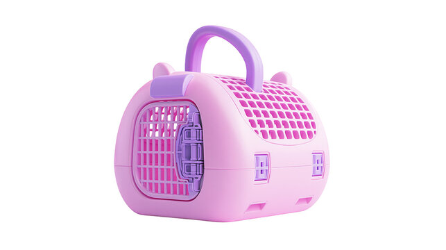 Isolated cute pink and purple plastic pet carrier for small animals like hamsters, guinea pigs