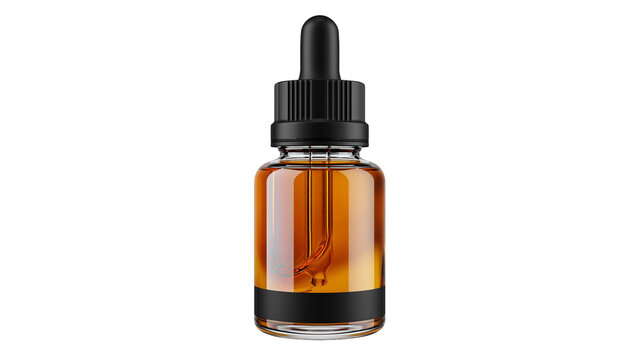Isolated amber glass dropper bottle with black cap containing liquid, commercial studio shot.