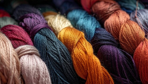 Multicolor embroidery floss skeins background texture with vivid silk cotton threads banner