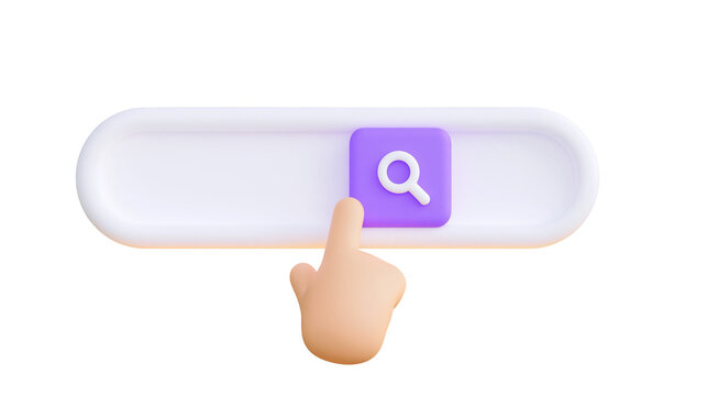 Isolated 3D hand cursor pointing at search button on a sleek modern interface element