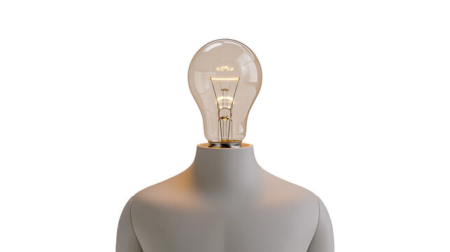 Isolated illuminated light bulb head on a modern minimalist mannequin symbolizing a brilliant idea