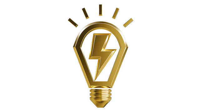 Isolated golden lightbulb with a lightning bolt symbol representing bright idea, innovation, power, and energy.