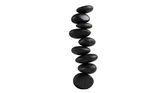 Isolated vertical stack of smooth black spa massage stones representing balance and wellness