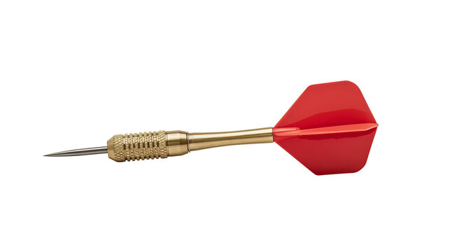 Isolated gold-colored professional dart with sharp metal point and red plastic flight