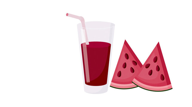 Isolated fresh red watermelon slices with seeds and a glass of vibrant fruit juice with a straw.