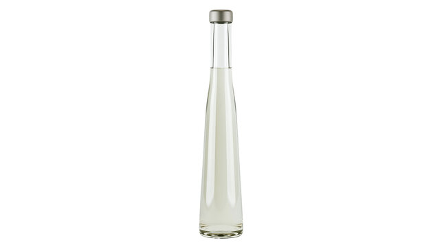 Isolated elegant glass bottle with metallic cap, containing light liquid, ideal for beverage or oil.