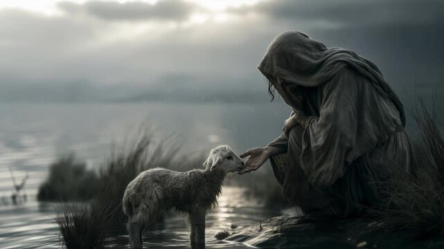 Jesus is kneeling near the water's edge, looking at a sheep. The sky is cloudy, and the water reflects a dark mood. The grass is wet from rain, creating a simple moment.