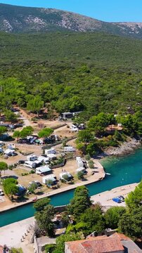 Osor City Panorama On Cres Island, Croatia,  Beautiful Summer Day. Aerial Views Show The Historic Old Town, Sunny Beaches, Sailing Yachts, Marina Harbor, Nearby Campsites Mediterranean Adriatic Coast