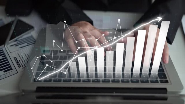 A businessman engages in data analysis using a laptop, with financial charts overlaying the screen, highlighting growth trends in a modern office setting. Copula