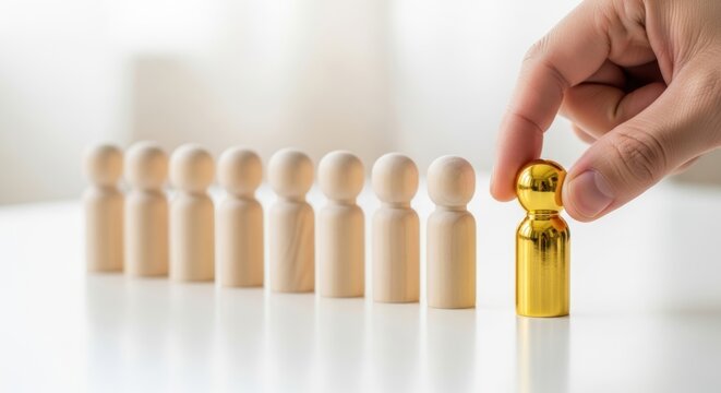 hand selecting golden peg figure from wooden candidates representing recruitment, talent acquisition and employee selection