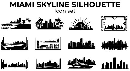 Fototapeta premium Miami City Skyline Silhouette Icon Set with Miami Beach, Palm Trees Skyline, Art Deco Frame and Miami Bay Scene, 10 Icons, Flat Vector