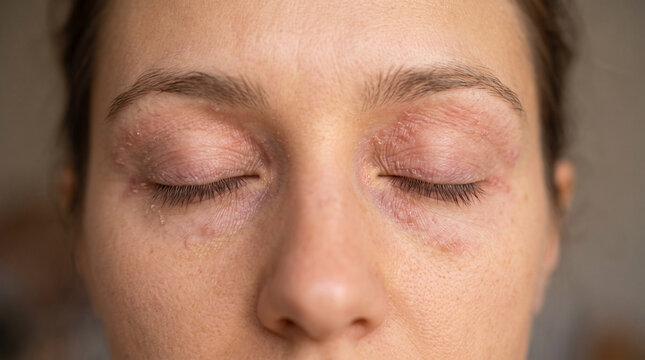 Close-up of woman&rsquo;s closed eyes with visible eczema around the eyelids, dry irritated skin, redness and subtle inflammation, eczema, eyelid eczema, atopic dermatitis, irritated eyelids