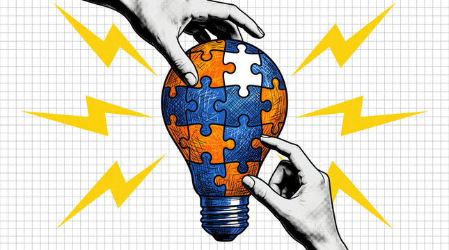 Two hands work together to complete a light bulb-shaped puzzle, representing collaboration and the birth of a new idea.