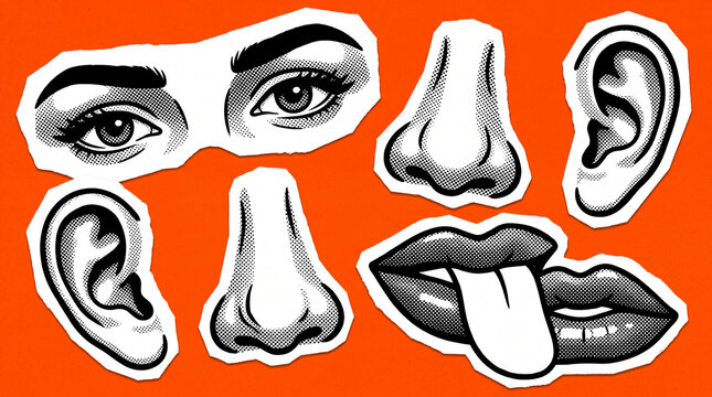 A graphic illustration featuring cut-out pop art style representations of eyes, noses, ears, and lips against a vibrant orange background.
