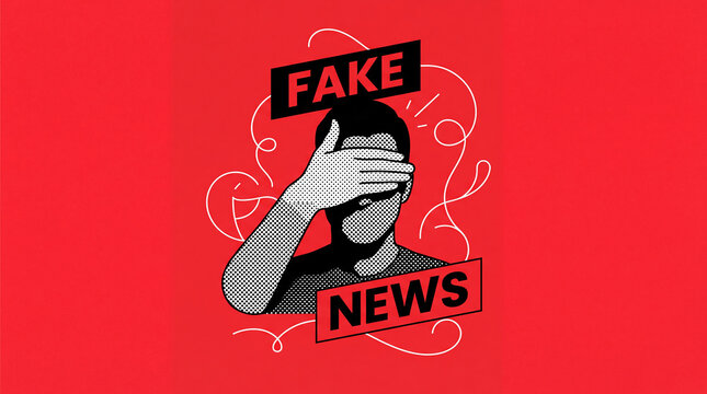 A man covers his eyes with his hand, with the words "Fake News" displayed prominently, symbolizing disbelief or avoidance of misinformation.