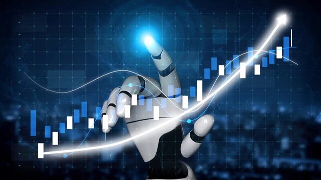 A futuristic robotic hand engages with a digital graph illustrating significant growth trends, showcasing advancements in technology and data analysis in modern business planning. Copula