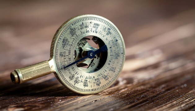 Vintage brass compass on wooden surface, close-up view