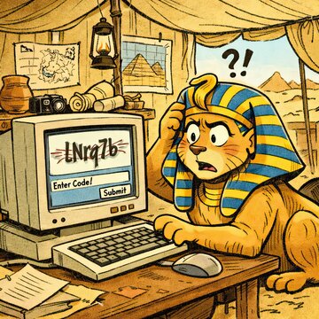 Funny historical sphinx sitting at retro monitor trying to type computer password
