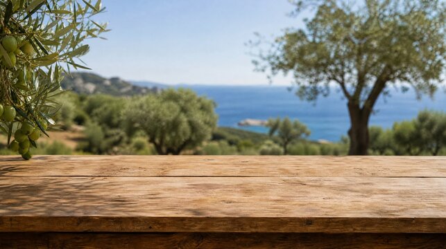 Wooden table for product display with natural green olive field and green olives and sea in the background