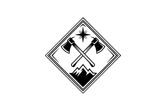 Outdoor Adventure Logo with Crossed Axes and Mountain Silhouette in Diamond Frame