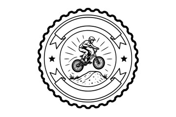 Naklejka premium BMX bike stunt emblem with rider jumping over dirt mound in circular badge with banners