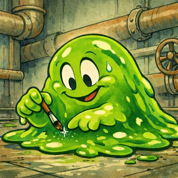 Cute green slime monster carefully painting tiny sparkle detail with paint brush