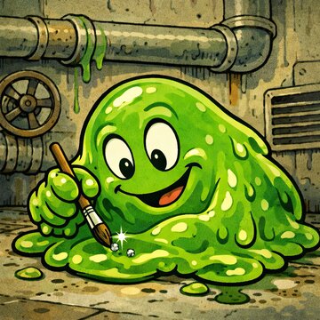Amusing green blob artist adding final touches to artwork in basement setting