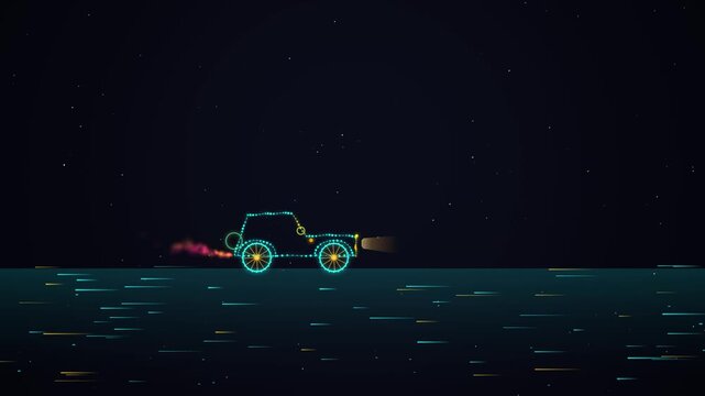 Glowing Neon Digital Car Driving Fast at Night, Futuristic Transportation and High Speed Technology Concept