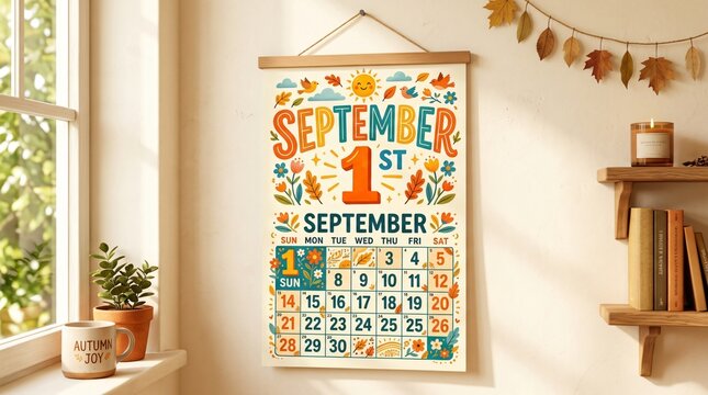 September 1st calendar wall art in cozy autumn interior with mug, books, and fall decor, celebrating the first day of autumn season.