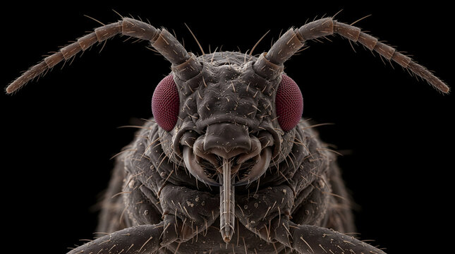 Macro portrait of an insect head showing detailed compound eyes and antennae.