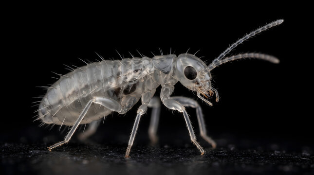 Booklouse insect captured in a detailed macro studio shot against a black background.