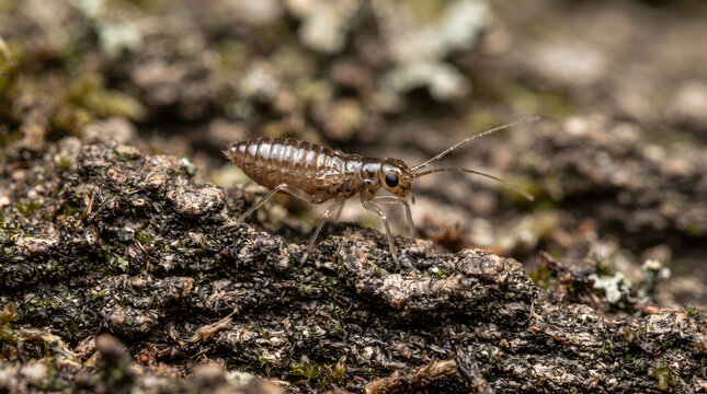 Psocid insect standing on rough tree bark in a natural forest environment.