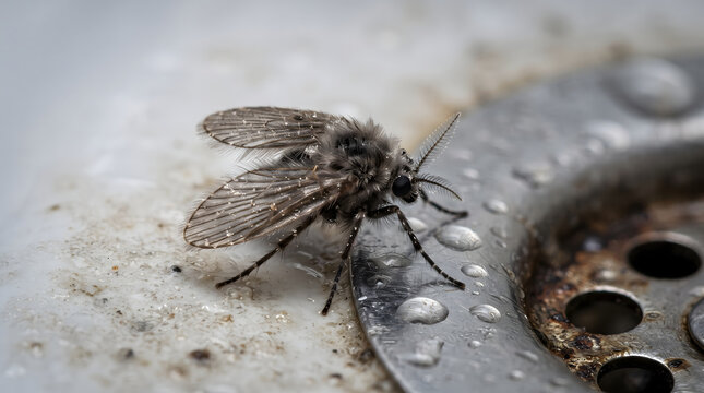 Drain fly rests near metal sink stopper.