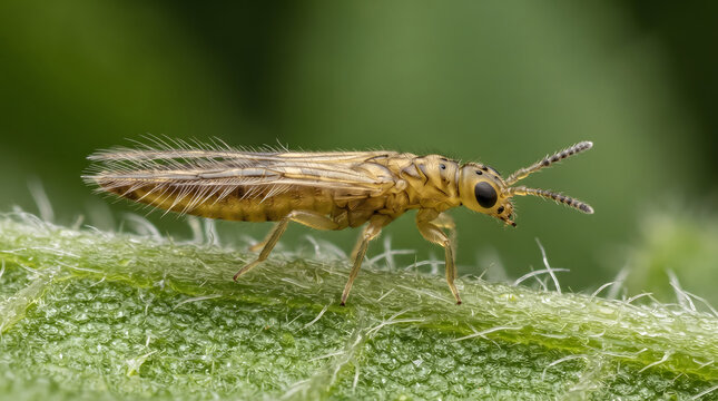 Thrips insect crawling on a green leaf surface in a natural outdoor environment.