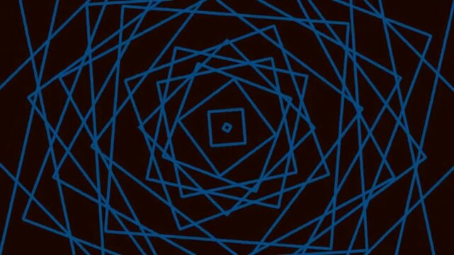 Abstract Geometric Spiral Motion Intersecting Lines with Neon Blue Squares in Dark Setting