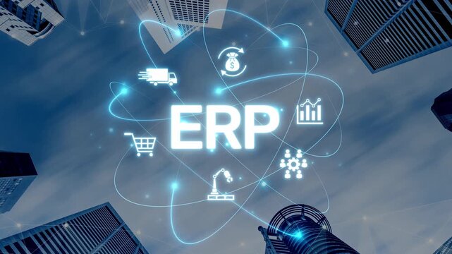 ERP platform visual showing centralized system for enterprise resource planning, improving integration, data flow, business efficiency, finance, inventory, and human resources. Muxer