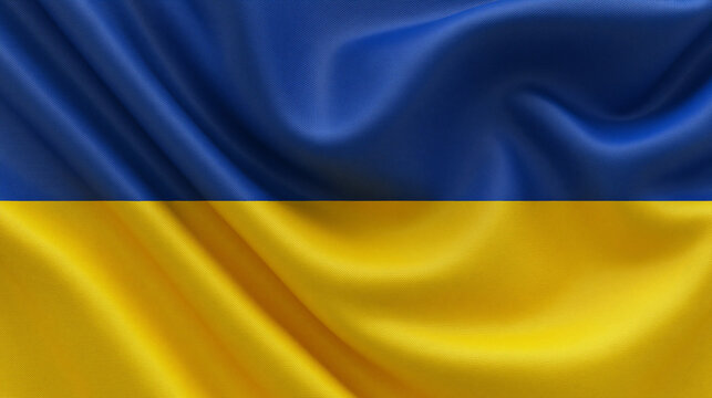 Isolated Ukrainian flag waving, blue and yellow fabric, over black banner with white 'Z' symbol