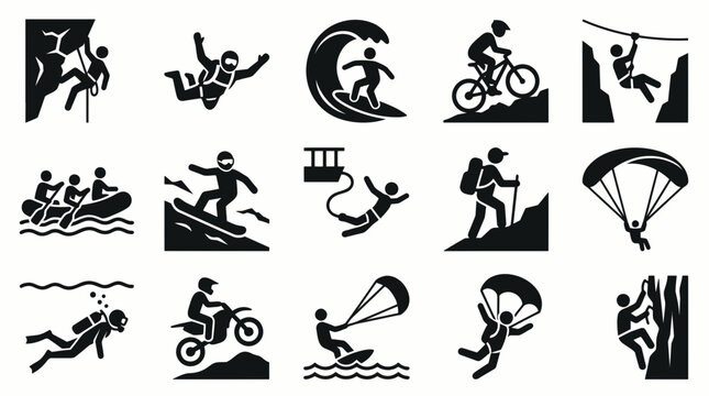Collection of extreme sports icons representing adventure and adrenaline activities