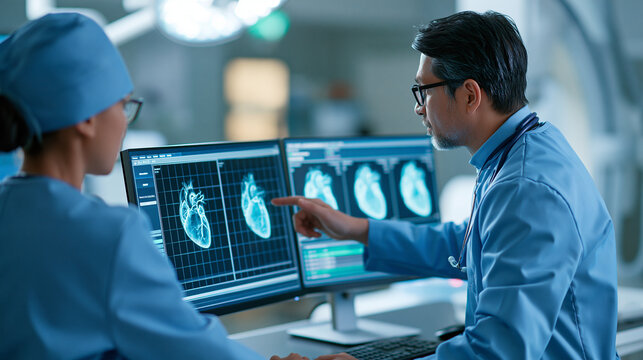 Cardiology faceless team analyzing heart imaging in modern interventional cath lab, defocused collaborative diagnostic review, medical team consultation, with copy space