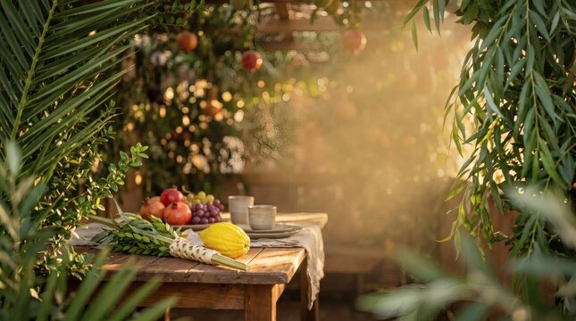 Festive Sukkot Table with Etrog, Lulav, and Fruits in Golden Light