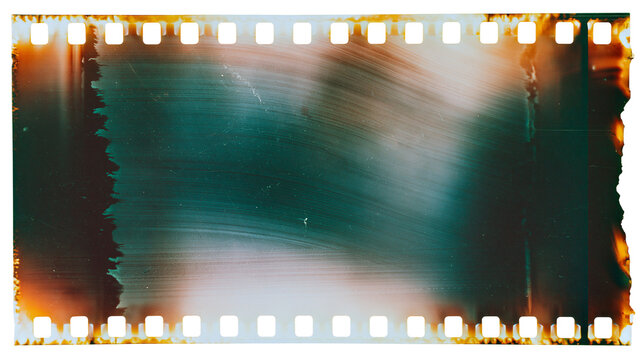 Isolated vintage 35mm film frame with scratches, dust, and dramatic artistic light leaks